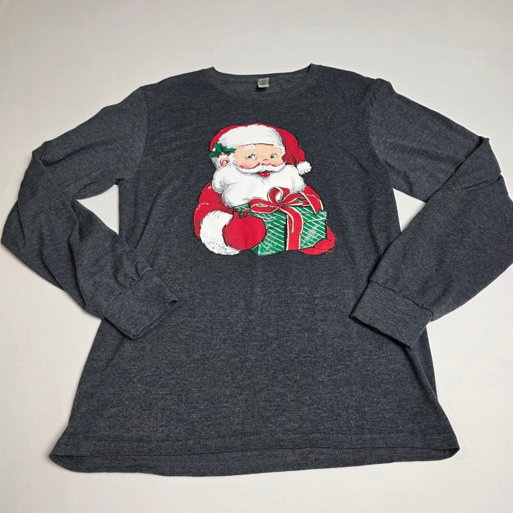 Jerzees Santa Claus Long Sleeve T-Shirt Womens Small Gray Graphic Holiday Tee